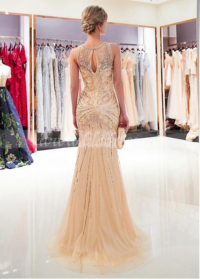 Fashionable Tulle Jewel Neckline Full-length Mermaid Evening Dress With Beadings