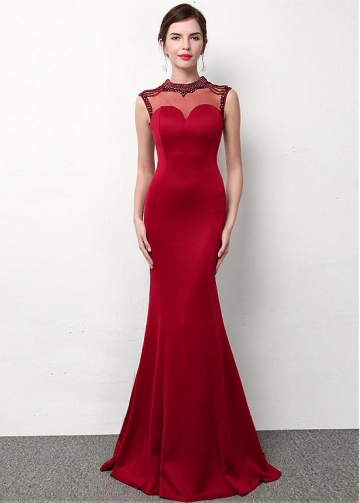 Red Illusion High Neckline Floor-length Mermaid Formal Dress