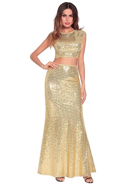 Sparkling Sequin Lace Jewel Neckline Two-piece Mermaid Prom Dress