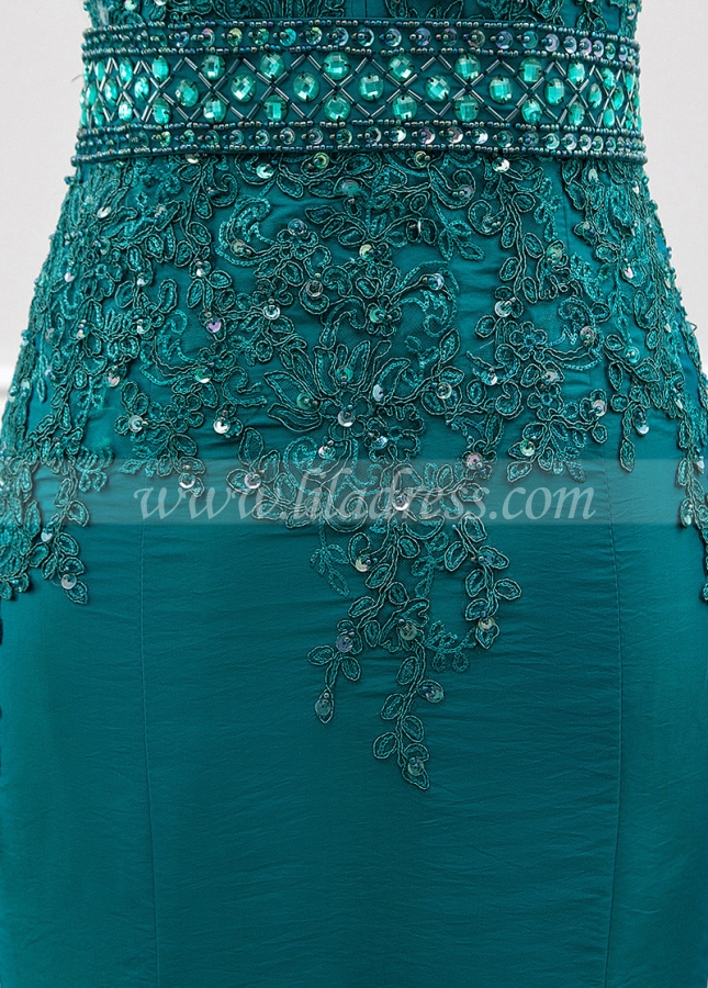 Delicate Taffeta V-neck Neckline Mermaid Evening Dress With Beaded Lace Appliques