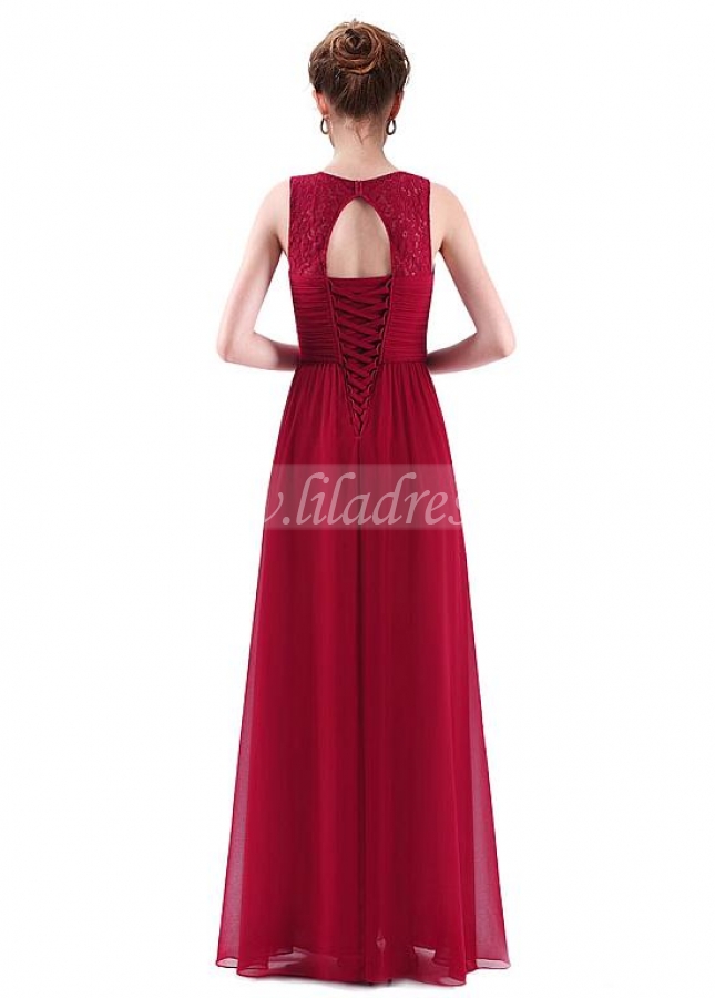 Absorbing Lace & Chiffon V-neck Neckline Cut-out A-line Prom Dresses With Pleats