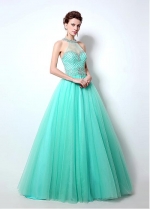 Marvelous Tulle Halter Neckline Cut-out Back A-Line Prom Dresses With Beadings