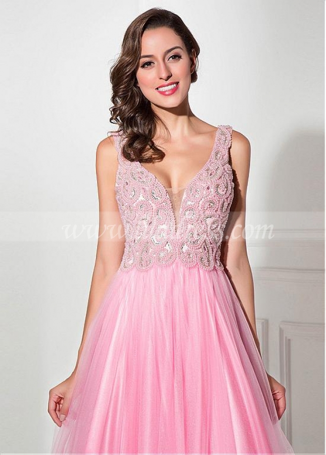 Graceful Tulle V-neck Neckline A-line Prom Dresses With Beadings