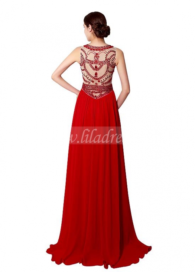 Alluring Chiffon Jewel Neckline A-line Prom Dresses With Beadings