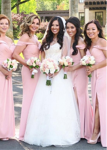Modest Pink Off-the-shoulder Neckline Sheath/Column Bridesmaid Dresses