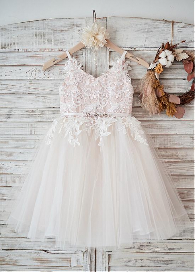 Stunning Lace & Tulle & Satin V-neck Neckline Ball Gown Flower Girl Dresses