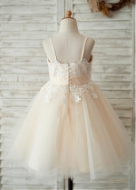 Sweet Lace & Tulle Spaghetti Straps Neckline A-line Flower Girl Dresses With Bowknot