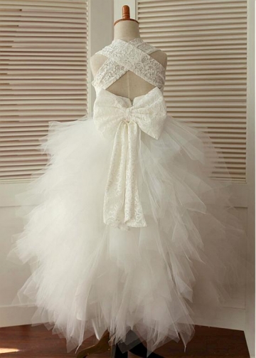 Pure Lace & Tulle Square Neckline Ankle-length Ball Gown Flower Girl Dresses With Bowknot
