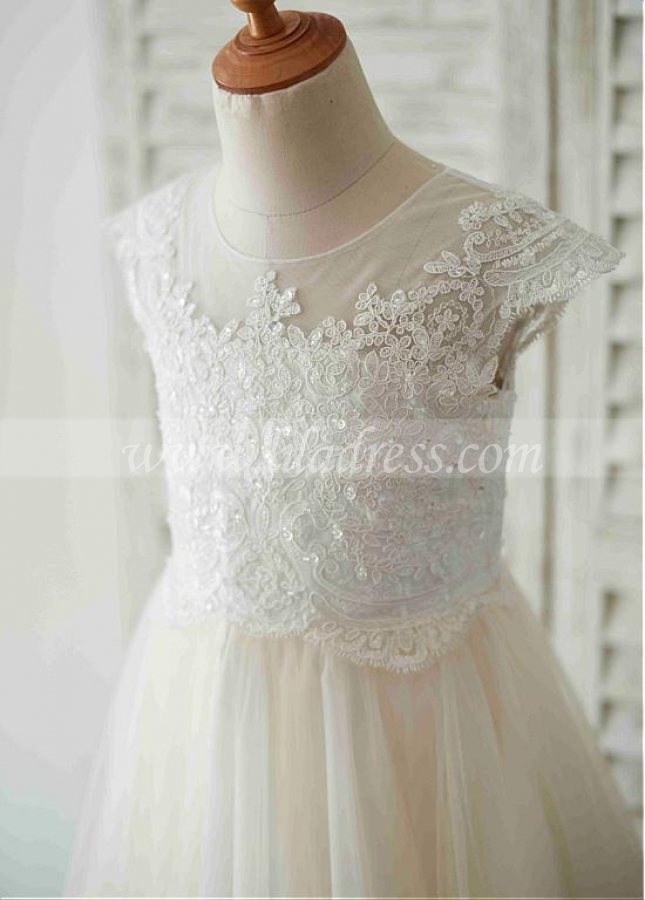 Marveous Tulle Jewel Neckline Tea-length A-line Flower Girl Dresses With Beaded Lace Appliques