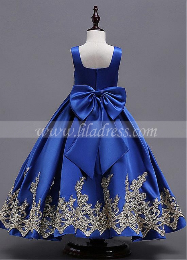 Elegant Satin Square Neckline Floor-length A-line Flower Girl Dress With Lace Appliques