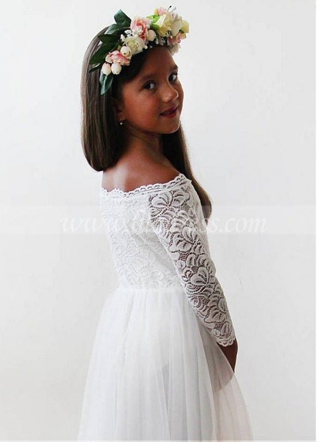 Elegant Tulle & Lace Off-the-shoulder Neckline Full-length A-line Flower Girl Dresses