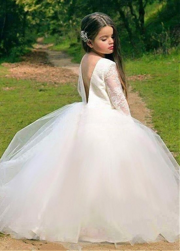 Sweet Lace & Tulle Jewel Neckline Ball Gown Flower Girl Dresses
