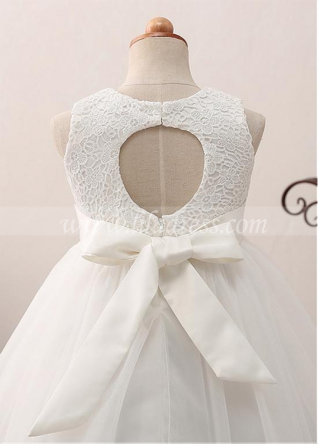 Pretty Tulle & Satin & Lace Jewel Neckline A-line Flower Girl Dress With Imitation Pearls & Belt