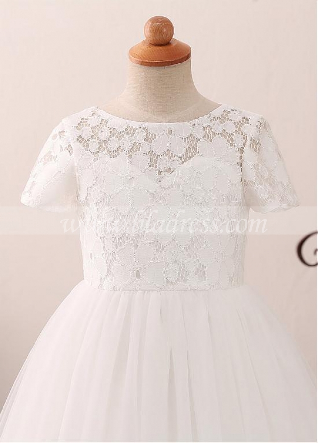Modest Tulle & Lace Jewel Neckline A-line Flower Girl Dress