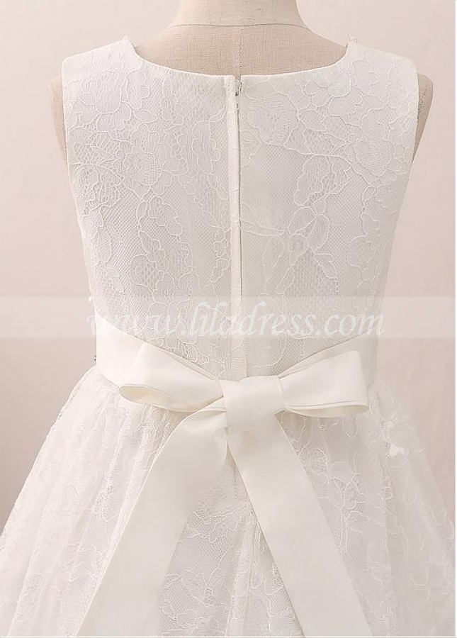 Delicate Lace Jewel Neckline A-line Flower Girl Dress With Beadings & Belt