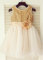 Chic Sequin Lace & Tulle Jewel Neckline Knee-length Ball gown Flower Girl Dresses With Handmade Flowers