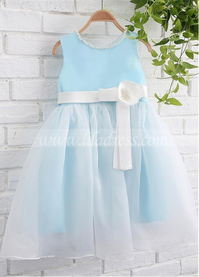 Elegant Satin & Organza Jewel Neckline Ball Gown Flower Girl Dresses With Handmade Flower & Pearls