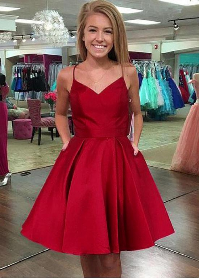Unique Satin Spaghetti Straps Neckline Short A-line Homecoming / Cocktail Dresses With Bowknot & Pockets