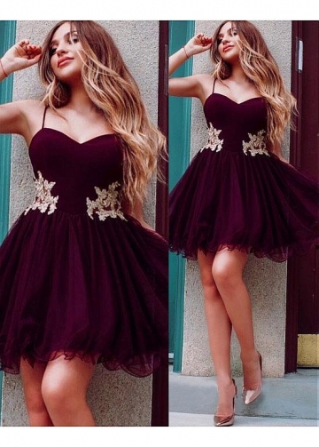 Gorgeous Tulle & Satin Spaghetti Straps Neckline Short A-line Homecoming Dresses With Lace Appliques & Rhinestones