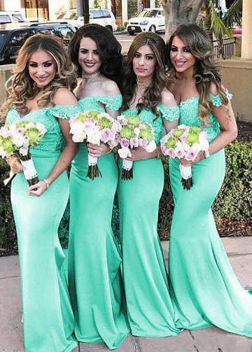 Glamorous Satin Off-the-shoulder Neckline Bridesmaid Dresses With Lace Appliques