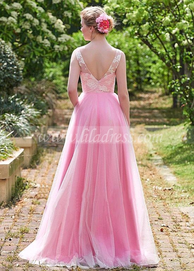 Exquisite Lace & Tulle V-neck Neckline Floor-length A-line Bridesmaid Dresses