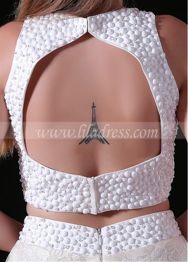 Charming Lace Jewel Neckline Floor-length Two-piece A-line Prom Dresses With Beadings