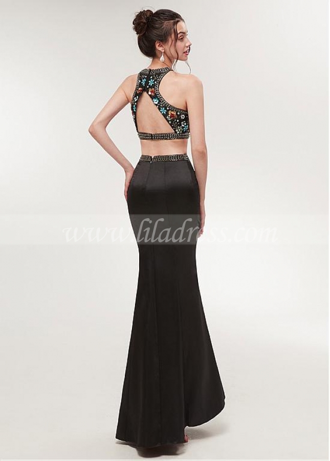 Fashionable Satin Halter Neckline Two-piece Mermaid Prom Dress With Beadings