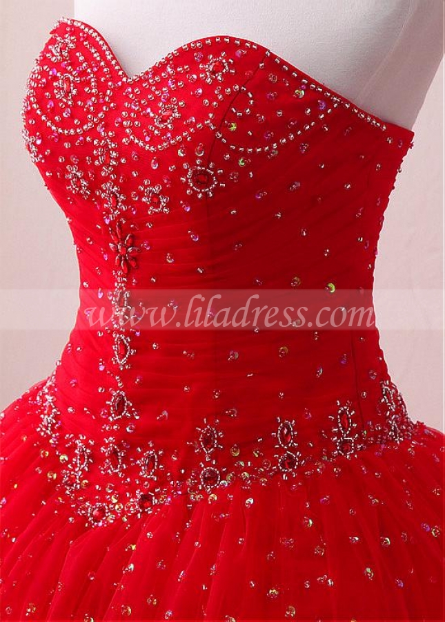 Winsome Tulle & Satin Sweetheart Neckline Floor-length Ball Gown Quinceanera Dresses With Beadings