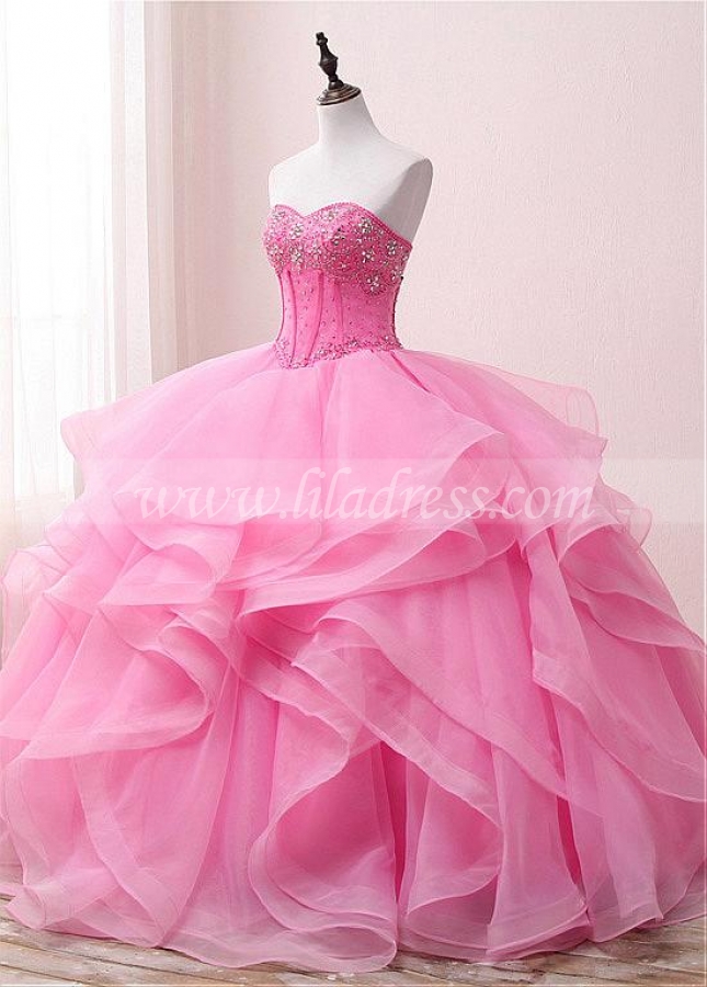 Modest Organza & Satin Sweetheart Neckline Floor-length Ball Gown Quinceanera Dresses With Beadings