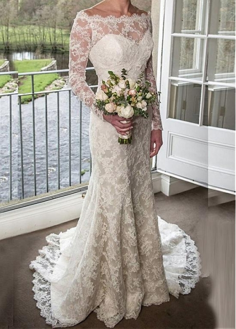 Elegant Lace Off-the-shoulder Neckline Natural Waistline Mermaid Wedding Dress