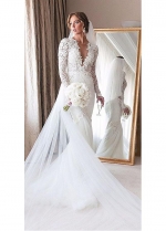 Charming Tulle & Lace Jewel Neckline Mermaid Wedding Dresses With Beaded Lace Appliques