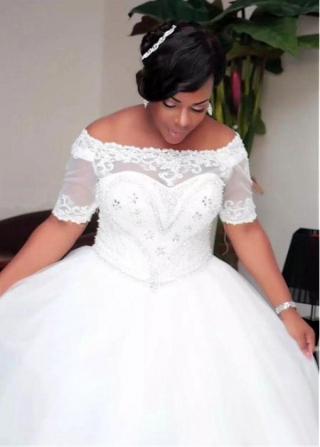 Fabulous Tulle Off-the-shoulder Neckline Plus Size Ball Gown Wedding Dress With Beadings & Lace Appliques