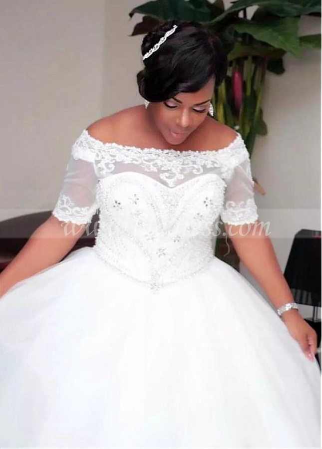 Fabulous Tulle Off-the-shoulder Neckline Plus Size Ball Gown Wedding Dress With Beadings & Lace Appliques