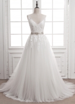 Gorgeous Tulle V-neck Neckline A-line Wedding Dress With Lace Appliques & Belt