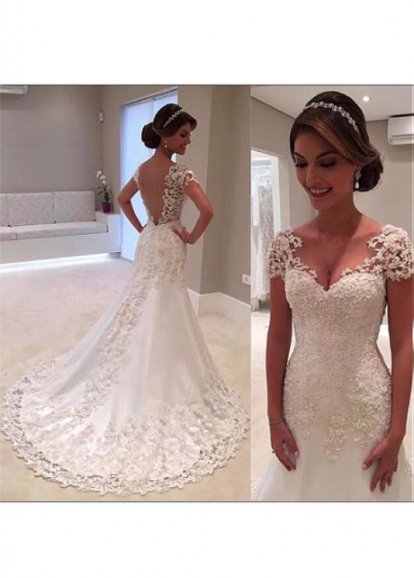 Stunning Tulle & Satin V-neck Neckline A-line Wedding Dress With Beaded Lace Appliques