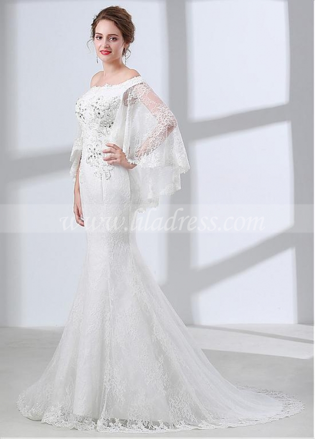 Delicate Lace & Satin Off-the-shoulder Neckline Mermaid Wedding Dress With Beadings