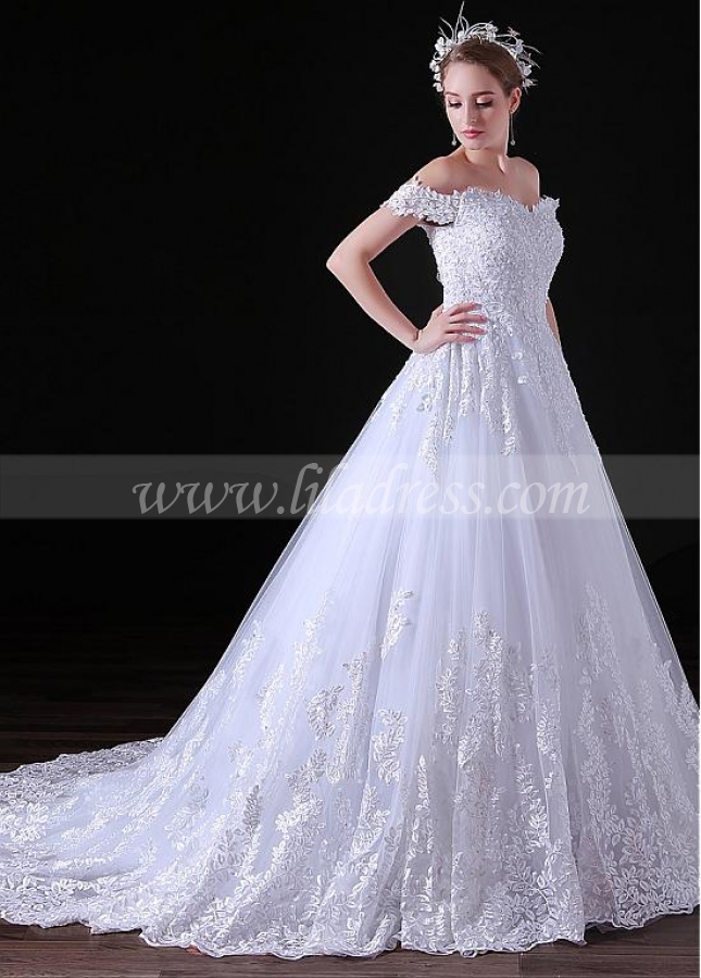 Gorgeous Tulle Off-the-shoulder Neckline Floor-length A-line Wedding Dresses With Beaded Lace Appliques