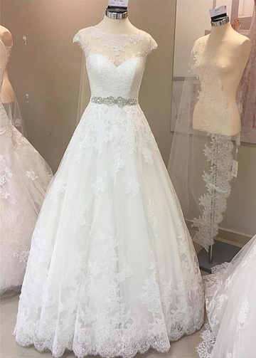 Fantastic Tulle Jewel Neckline A-line Wedding Dresses With Lace Appliques & Rhinestones