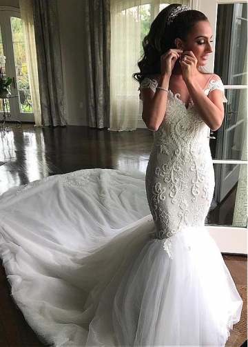 Modest Tulle Jewel Neckline Mermaid Wedding Dresses With Beaded Lace Appliques