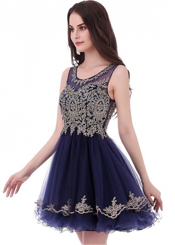 Graceful Tulle Scoop Neckline Short A-line Homecoming Dress With Beaded Lace Appliques