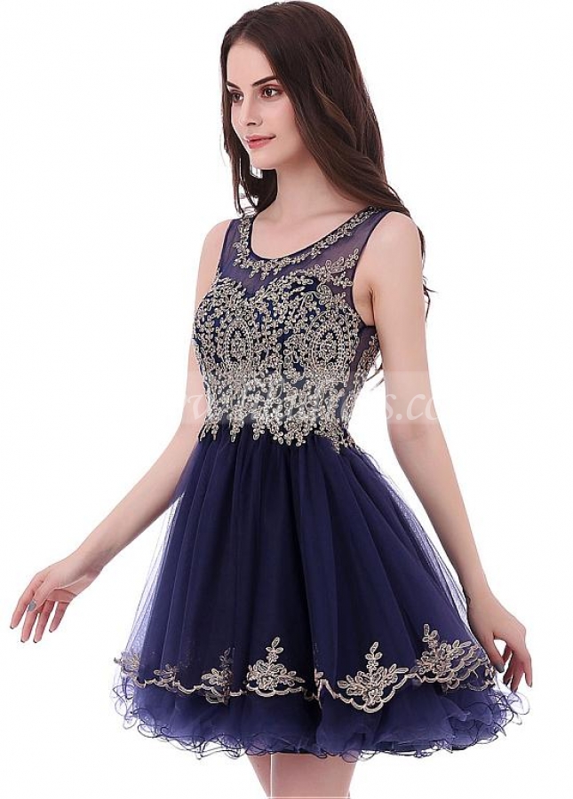 Graceful Tulle Scoop Neckline Short A-line Homecoming Dress With Beaded Lace Appliques