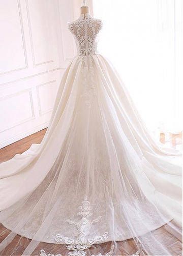 Marvelous Tulle & Satin Illusion High Collar Ball Gown Wedding Dress With Lace Appliques & Beadings