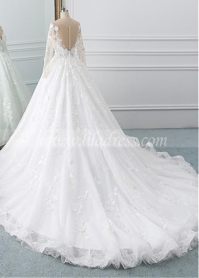 Eyecatching Tulle & Lace Scoop Ball Gown Wedding Dress With Lace Appliques & 3D Flowers & Beadings