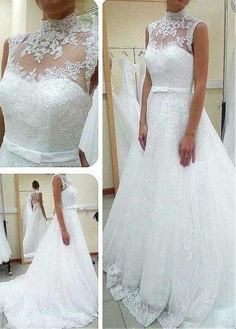 Graceful Tulle Illusion High Collar Natural Waistline A-line Wedding Dress With Lace Appliques & Belt