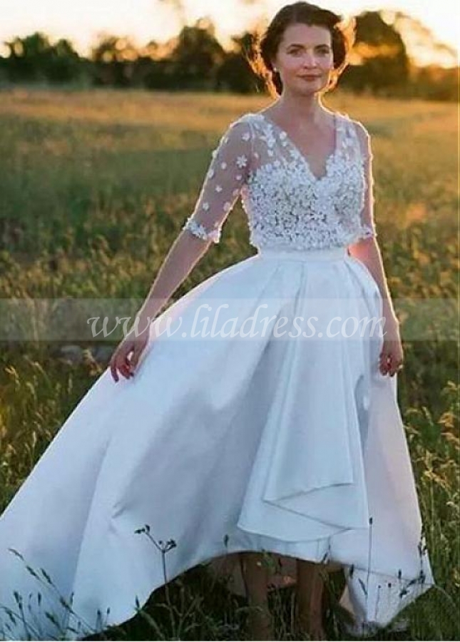 Romantic Tulle & Satin V-neck Neckline Hi-lo A-line Wedding Dress With 3D Flowers & Beadings