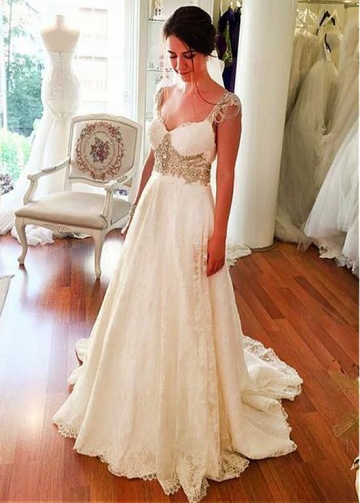 Fantastic Lace Sweetheart Neckline Natural Waistline A-line Wedding Dress With Beadings & Bowknot