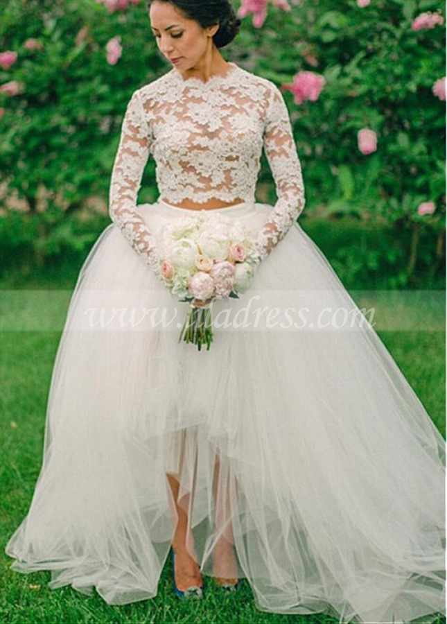 Fashionable Lace & Tulle Jewel Neckline See-through Two-piece Hi-li Ball Gown Wedding Dress