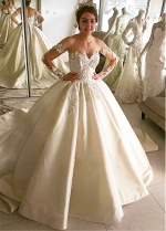 Alluring Tulle & Satin Off-the-shoulder Neckline Ball Gown Wedding Dress With Beaded Lace Appliques