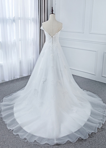 Attractive Tulle Off-the-shoulder Neckline A-Line Wedding Dress With Beaded Lace Appliques