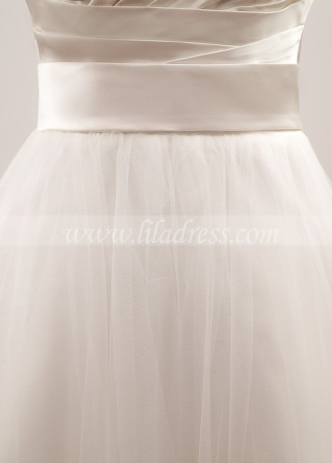 Romantic Satin & Tulle Sweetheart Neckline Tea-length A-line Wedding Dress With Lace Appliques